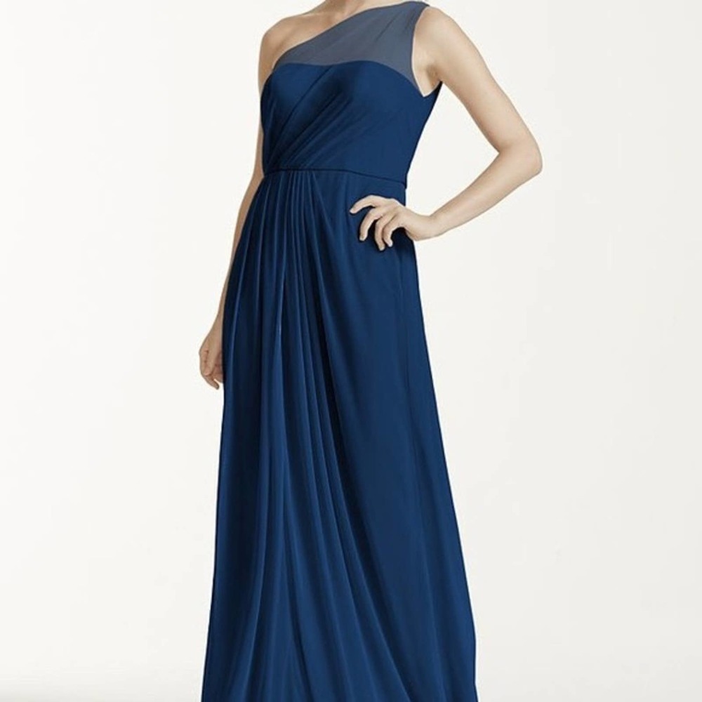 David Bridal Navy Blue One Shoulder Mesh Bridesmaid Formal Dress Size 6